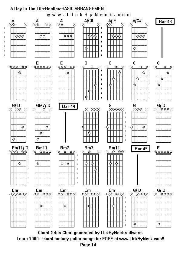 Chord Grids Chart of chord melody fingerstyle guitar song-A Day In The Life-Beatles-BASIC ARRANGEMENT,generated by LickByNeck software.